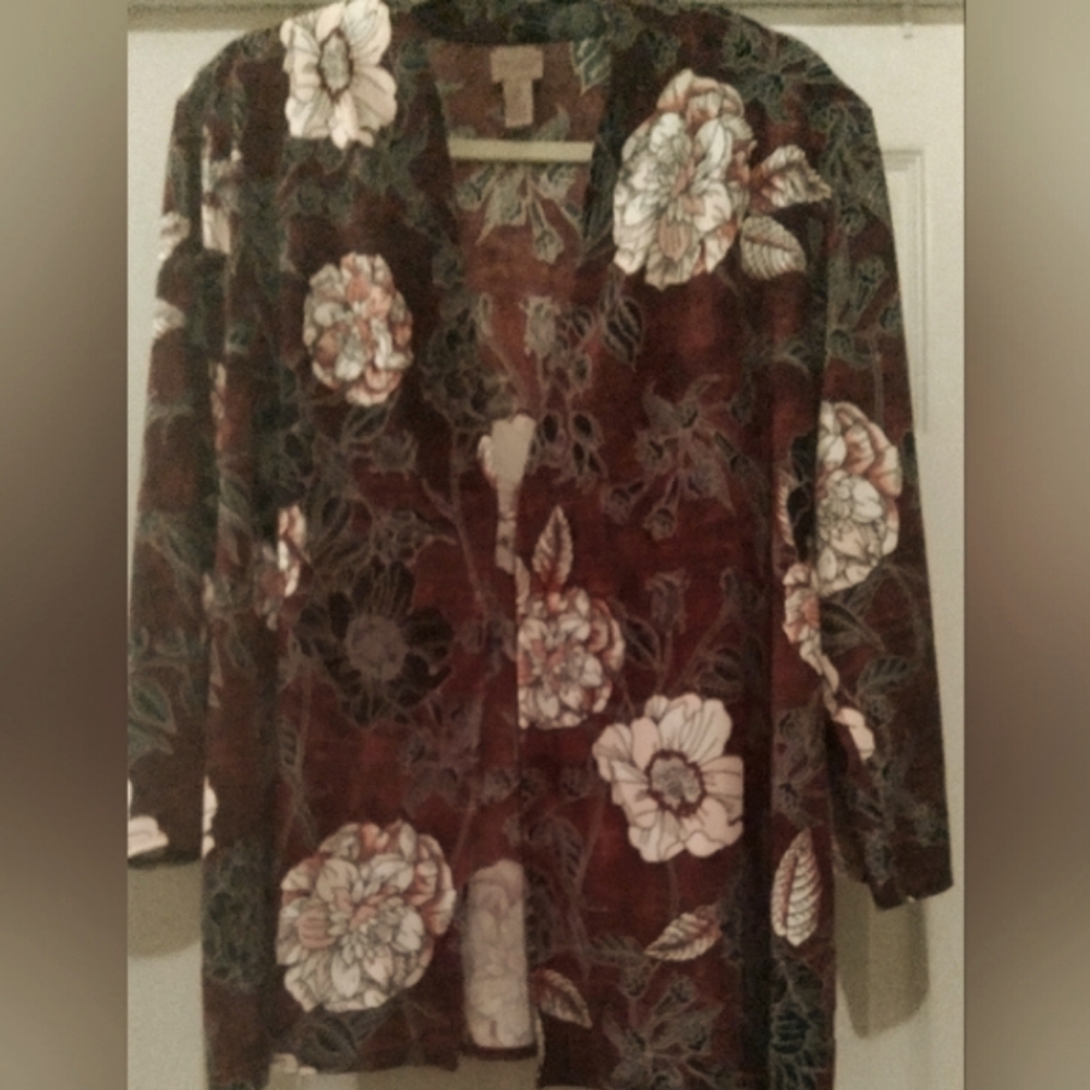 EasyWear by Chicos‎ Burgundy Bold Floral Cropped Light Weight Cardigan Jacket XL